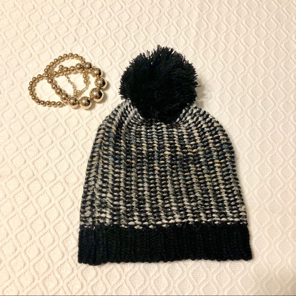 Madden Pom Pom Hat Black Metallic Beanie Winter - Picture 2 of 6
